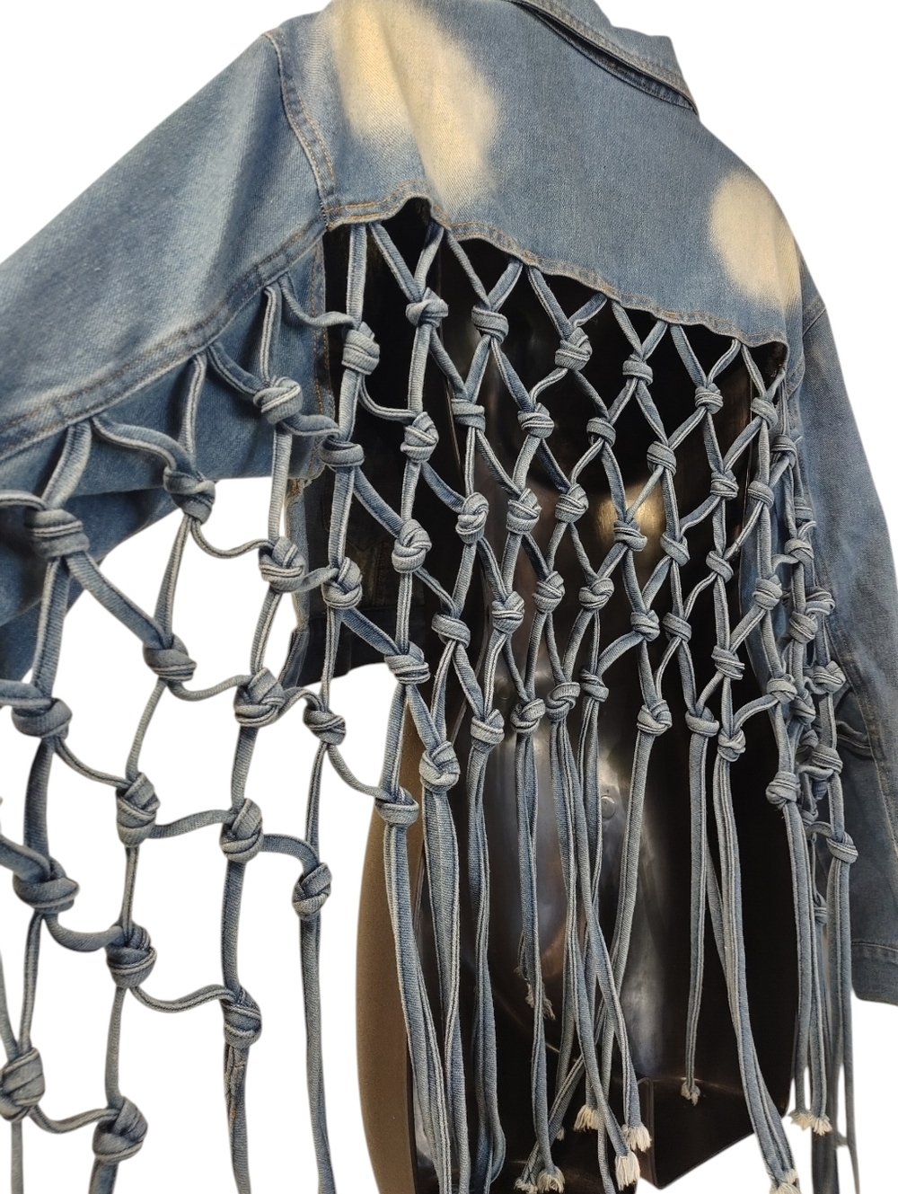 Cropped Bleached Denim Jacket Women's Size M Macrame Lace Up Back Boho Festival - Picture 6 of 10